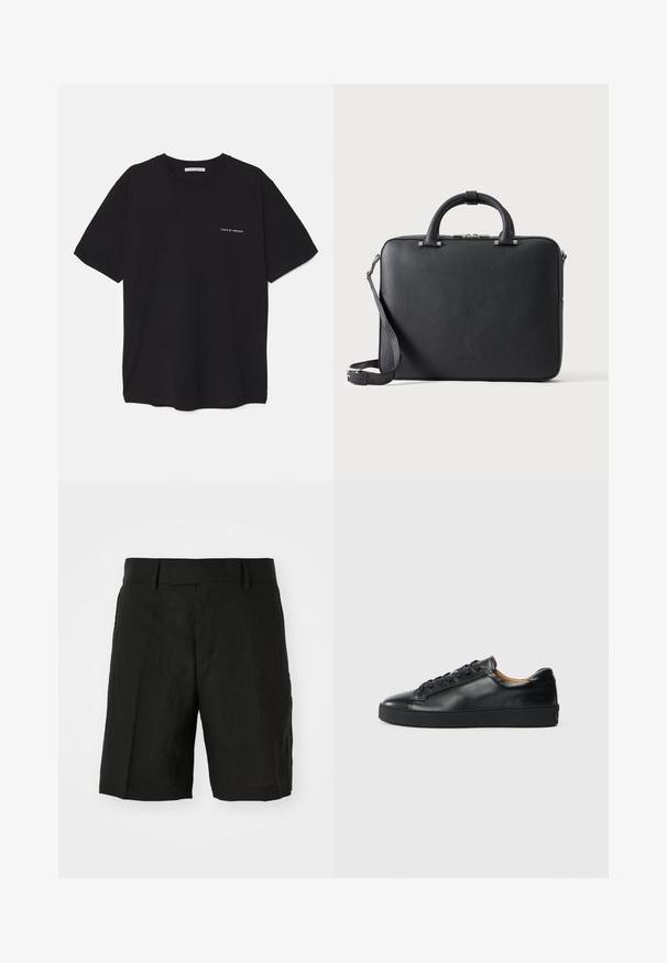 Schwarzes Baumwoll-T-Shirt mit Rundhalsausschnitt, kurzen Ärmeln und weißem Logodruck auf der linken Brust. Einfaches, einfarbiges Design.; Schwarze Leinen Shorts mit lässiger Passform, mit flachem Bund, seitlichen Taschen und mittellanger Schnittführung. Gut sichtbare, leichte Textur.; Schwarze Leder-Sneaker mit glatter Textur, runder Zehenpartie und Schnürverschluss. Verfügt über eine dicke Gummisohle und minimalistische Marken-Details.; Schwarze, strukturierte Leder-Aktentasche mit Doppelgriffen, abnehmbarem Schulterriemen und oberem Reißverschlussverschluss auf hellem, einfarbigem Hintergrund.