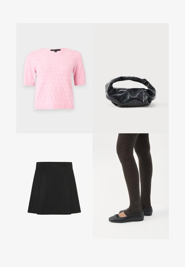 Haut en maille rose clair à manches courtes avec un délicat motif floral ajouré, encolure ronde, poignets et ourlet côtelés.; Jupe plissée noire avec une taille structurée. Fabriquée à partir d'un tissu texturé, elle présente des plis distincts et un ourlet droit.; Jambes portant des leggings côtelés foncés associés à des ballerines noires avec de petits détails en nœud sur fond blanc.; Sac noir en matériau texturé et brillant avec une poignée circulaire torsadée et une fermeture éclair. Présente un design doux et froissé.