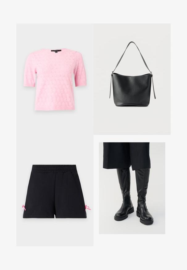 Hellrosa kurzärmeliges Strickoberteil mit zartem floralem Lochmuster, rundem Halsausschnitt und gerippten Bündchen an Ärmeln und Saum.; Schwarze Shorts mit elastischem Bund, geradem Saum und kleinen rosa Schleifen an jeder Seite nahe den unteren Kanten.; Schwarze kniehohe Stiefel aus Leder mit glatter Textur, stabilen Sohlen und seitlichen Reißverschlüssen. Das Design weist dezente Nahtdetails auf.; Schwarze Lederschultertasche mit einem einzelnen breiten Riemen und dezenten silbernen Beschlägen vor weißem Hintergrund.