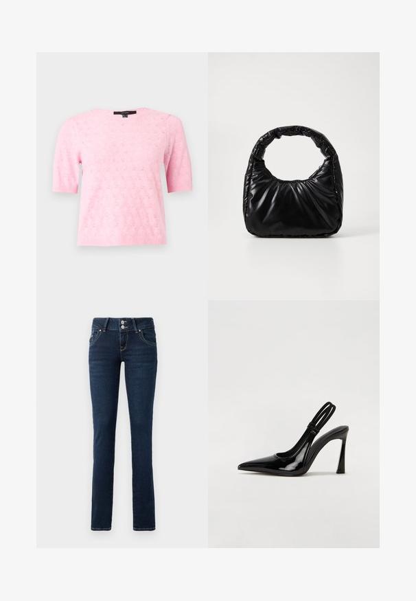 Lichtroze gebreide top met korte mouwen, een fijn bloemig ajourpatroon, ronde halslijn en geribde boorden aan mouwen en zoom.; Donkerblauwe skinny jeans met dubbele knoopsluiting, voorzakken en gele stiksel op een witte achtergrond.; Zwarte gepatineerde leren slingback pump met puntige neus, slanke hoge hak en dubbele elastische band voor een veilige pasvorm. Gladde, glanzende oppervlakte.; Zwarte gevoerde handtas met een ronde handgreep, met een gladde, glanzende oppervlakte en een zachte, gewatteerde textuur. Geen zichtbare metalen onderdelen of accenten.