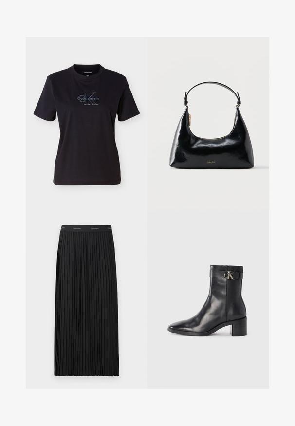 Zwart katoenen T-shirt met korte mouwen en een ronde hals. Op de voorkant staat een blauw Calvin Klein-logo met opvallende tekst.; Zwarte geplooide midi-skirt met een elastische tailleband en herhalend Calvin Klein-logo in het wit.; Zwarte leren enkellaars met een spitse neus, blokhak en een bandje met een metallic logo. Gladde textuur en minimalistisch ontwerp.; Zwarte glanzende Calvin Klein handtas met gouden rits en korte band tegen een effen witte achtergrond.