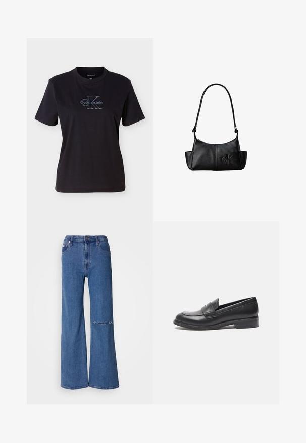 Camiseta negra de algodón con mangas cortas y cuello redondo. En el frente muestra un logo azul de Calvin Klein con texto distintivo.; Jeans de pierna ancha en denim azul medio, con una cintura alta, bolsillos frontales y un detalle de parche desgastado en la rodilla izquierda.; Mocasines de cuero negro con un acabado suave, punta redondeada y detalle de costura lateral. Presentan un tacón bajo y rectangular.; Bolso de hombro de cuero negro con correa larga, bolsillos laterales y logo de Calvin Klein en relieve en la parte delantera.