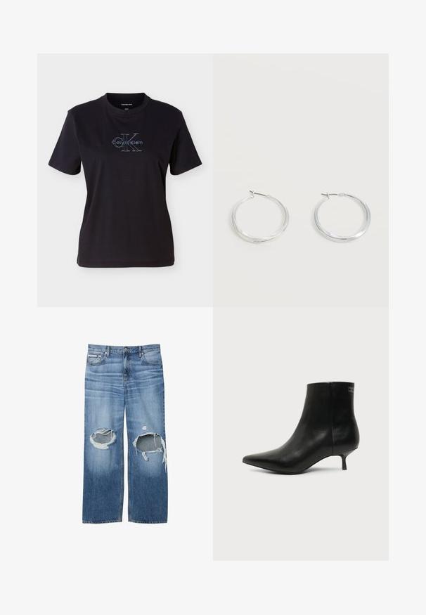 Μαύρο βαμβακερό t-shirt με κοντά μανίκια και στρογγυλή λαιμόκοψη. Στο μπροστινό μέρος φαίνεται το λογότυπο της Calvin Klein σε μπλε χρώμα με χαρακτηριστικό κείμενο.; Μπλε τζιν παντελόνια με μεγάλα σκισίματα και στις δύο γόνατες και μια μικρή ετικέτα Calvin Klein στην δεξιά μπροστινή τσέπη.; Μαύρο δερμάτινο μποτάκι γύρω από τον αστράγαλο με μυτερή μύτη και χαμηλό τακούνι σε ανοιχτό φόντο, εμφανίζει την εξωτερική πλευρά.; Ασημένια μεταλλικά σκουλαρίκια κρίκοι με λεία, ελαφρώς κυρτή επιφάνεια και κλειδαριά τύπου latch-back σε απλό λευκό φόντο.