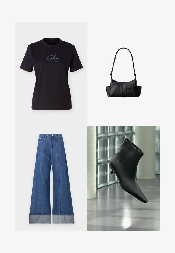 Čierne bavlnené tričko s krátkymi rukávmi a okrúhlym výstrihom. Na prednej strane je modré logo Calvin Klein s výrazným textom.; Džínsy so širokými nohavicami v stredne modrom denime, so zvýšeným pásom, dvoma prednými vreckami a kontrastným svetlejším denimovým lemovaním na spodnej časti.; Čierna kožená členková čižma so špicatou špičkou a nízkym kitten podpätkom, zobrazená šikmo na pozadí leštenej podlahy a steny zo sklenených blokov.; Čierna kožená taška cez rameno s dlhým popruhom, bočnými vreckami a vystúpeným logom Calvin Klein vpredu.