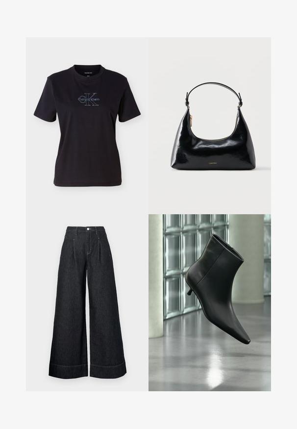 Čierne bavlnené tričko s krátkymi rukávmi a okrúhlym výstrihom. Na prednej strane je modré logo Calvin Klein s výrazným textom.; Široké čierne denimové nohavice s vysokým pásom, so záhybmi vpredu, zapínaním na gombík a kontrastným šitím na zakončeniach.; Čierna kožená členková čižma so špicatou špičkou a nízkym kitten podpätkom, zobrazená šikmo na pozadí leštenej podlahy a steny zo sklenených blokov.; Čierna lesklá kabelka Calvin Klein so zlatým zipsom a krátkym remienkom na bielom pozadí.