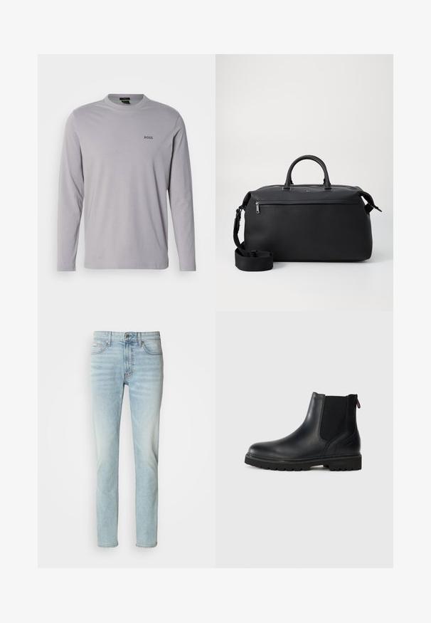 Lichtgrijs katoenen t-shirt met lange mouwen, voorzien van een ronde hals en een klein zwart "BOSS" logo op de linkerborst.; Lichtblauwe jeans van denim, met een rechte pijp, een normale taillehoogte en subtiele vervaging. Inclusief vijf zakken en een metalen knoop.; Zwarte leren enkellaars met elastische zijkanten, ronde neus en een robuuste rubberen zool met diepe profielen voor grip.; Zwarte leren reistas met twee bovenhandvaten, een afneembare schouderband en een ritsvak aan de voorkant voor extra opbergruimte.