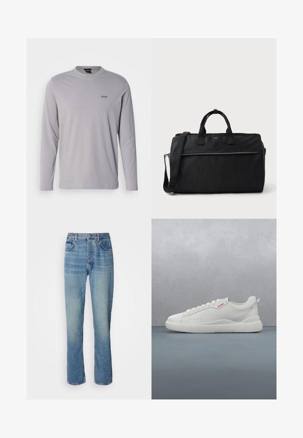 Langærmet T-shirt lavet af lysegrå bomuld med rund hals og et lille sort "BOSS"-logo på venstre bryst.; Lyseblå straight-leg denim jeans med høj talje, frontknap, lynlås lukning og fem-lomme design.; Hvide sneakers med en glat læderfinish, rund tå, fire snørehuller, subtile perforeringer og en rød logo detalje på siden.; Sort rektangulær rejsetaske med dobbelte håndtag, justerbar skulderrem, frontlomme med lynlås og lille "BOSS" logo foran.