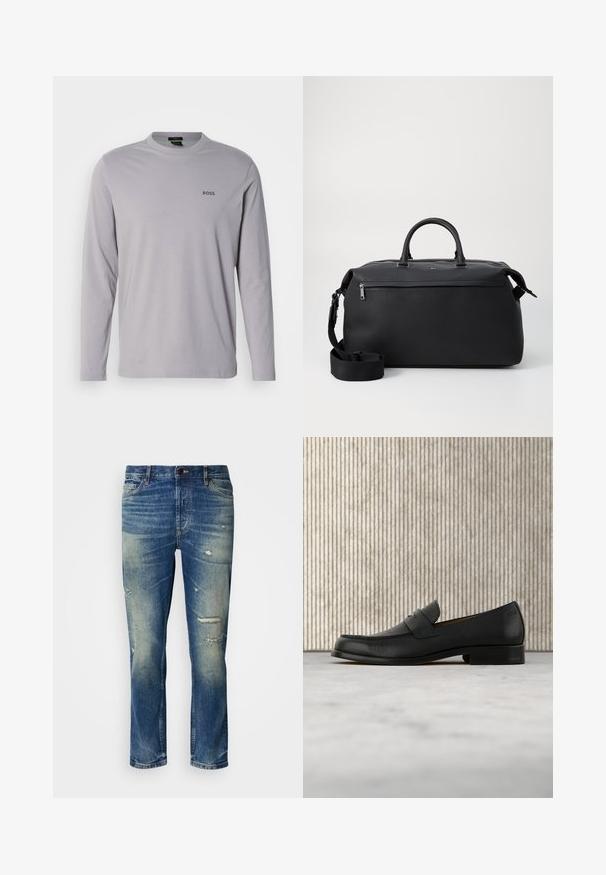 Langarm-T-Shirt aus hellgrauer Baumwolle mit Rundhalsausschnitt und kleinem schwarzem "BOSS"-Logo auf der linken Brust.; Hellblaue Jeans aus Denim mit lässiger Passform, die abgenutzte Details, verblasste Stellen und einen klassischen Knopf- und Reißverschluss aufweisen.; Schwarzer Leder-Slipper schwebt über einem beigen Teppich, im Hintergrund ein glänzender, runder brauner Tisch.; Schwarze Leder-Reisetasche mit zwei Oberhandgriffen, einem abnehmbaren Schultergurt und einer Reißverschlusstasche auf der Vorderseite für zusätzlichen Stauraum.