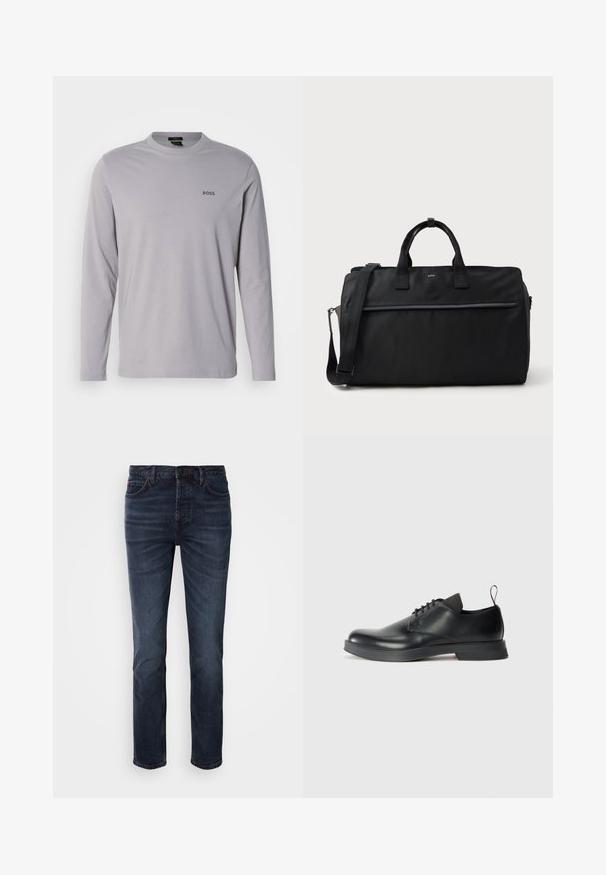 Langarm-T-Shirt aus hellgrauer Baumwolle mit Rundhalsausschnitt und kleinem schwarzem "BOSS"-Logo auf der linken Brust.; Dunkelblaue Denim-Jeans mit geradem Bein, fünf Taschen, einem Knopf- und Reißverschluss sowie dezenten Nähakzenten.; Schwarze Leder-Schnürschuhe mit glatter Oberfläche, abgerundeter Zehenpartie und minimalistischer Gestaltung. Verfügt über eine subtile kontrastierende Schlaufe und Gummisohle.; Schwarze rechteckige Reisetasche mit zwei Griffen, verstellbarem Schultergurt, vorderer Zippertasche und kleinem "BOSS"-Logo auf der Vorderseite.