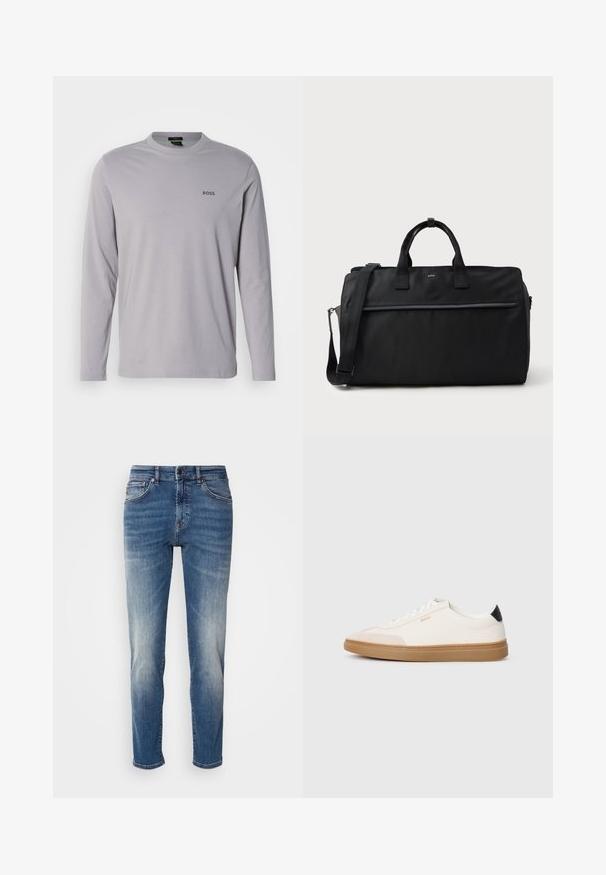 Lichtgrijs katoenen t-shirt met lange mouwen, voorzien van een ronde hals en een klein zwart "BOSS" logo op de linkerborst.; Blauwe denim jeans met een recht model, lichte vervaging, klassieke vijf-pocketstijl en een ritssluiting met knoopsluiting.; Witte sneakers met beige accenten, bovenwerk van glad leer, ronde neus en rubberen gumzool, met een zwarte hieltab en subtiele branding.; Zwarte rechthoekige reistas met dubbele handgrepen, verstelbare schouderriem, voorzak met rits en klein "BOSS"-logo aan de voorkant.