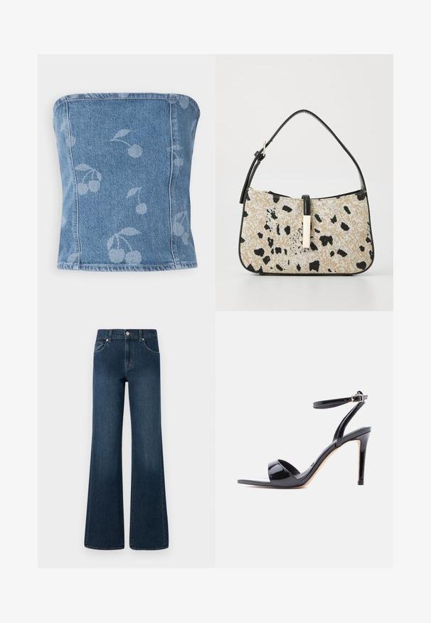 Denim strapless top met een lichtblauwe achtergrond die een subtiel kersenpatroon bevat. Gestructureerd ontwerp met gestikte randen en een gladde textuur.; Wijde denim jeans in een donkerblauwe wassing, met een knoopsluiting, vijf zakken en een lichte vervaging in de textuur voor extra detail.; Zwarte lakleren sandaal met hoge hak, open teen, enkelriem en gespsluiting, zijaanzicht op een witte achtergrond.; Vegan leren handtas met een beige en zwart gestructureerd patroon, voorzien van een zwarte schouderband en een gouden accent in het midden. Zachte textuur.