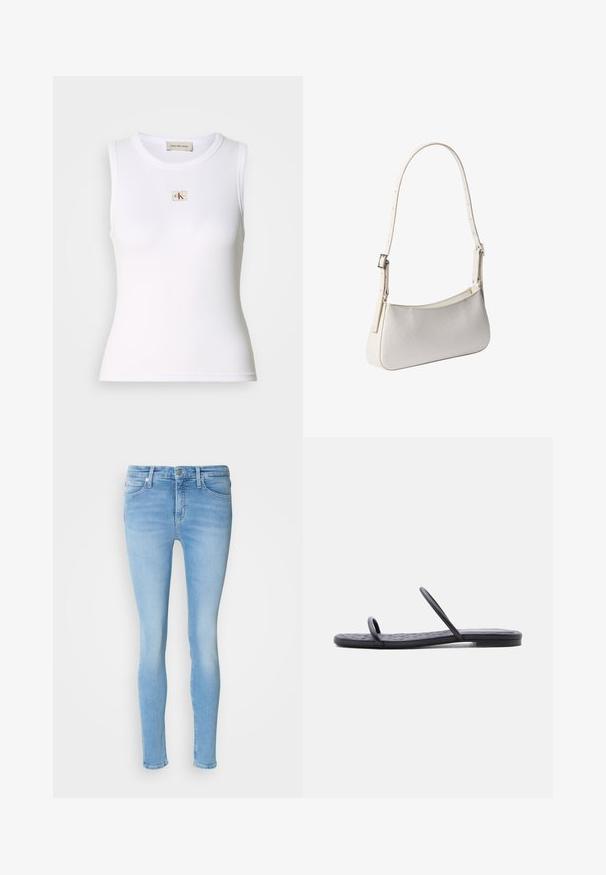 Λευκό ριμπ αμάνικο τοπ με ετικέτα Calvin Klein Jeans στο στήθος και εσωτερική ετικέτα στον λαιμό.; Ανοιχτό μπλε skinny τζιν παντελόνι από τζιν με μεσαία μέση, που διαθέτει μπροστινές τσέπες, θηλιές ζώνης και λεία υφή.; Μαύρο επίπεδο σανδάλι με λεπτή καπιτονέ σόλα και δύο στενές λουρίδες πάνω από τα δάχτυλα και το μέσο του ποδιού, εμφανισμένο σε προφίλ πλευράς σε λευκό φόντο.; Λευκή τσάντα ώμου με ρυθμιζόμενο λουράκι και διακριτικό υφή, ορθογώνιο σχήμα με στρογγυλεμένες γωνίες, ασημένια αγκράφα στο λουράκι.