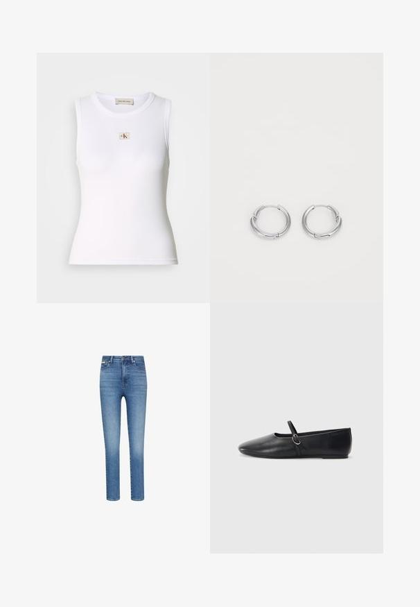 Λευκό ριμπ αμάνικο τοπ με ετικέτα Calvin Klein Jeans στο στήθος και εσωτερική ετικέτα στον λαιμό.; Στενά τζιν από μεσαίου τόνου μπλε τζην ύφασμα. Διαθέτουν ψηλή μέση, σχεδιασμό με πέντε τσέπες και αντίθετη ραφή σε όλο το μήκος.; Μαύρες δερμάτινες μπαλαρίνες με μυτερή μύτη, επίπεδο πάτο και μικρή λωρίδα με λεπτομέρεια ασημένιας αγκράφας.; Ασημένιες κρίκοι σκουλαρίκια με απαλή, γυαλιστερή επιφάνεια. Κυκλικού σχήματος με μια μικρή λεπτομέρεια κλεισίματος. Μινιμαλιστικός σχεδιασμός, ελαφριά.