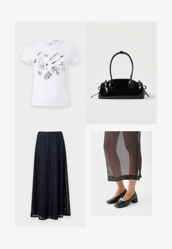 T-shirt blanc avec des dessins au trait noirs représentant des aliments, dont du pain, du fromage, une bouteille de vin et un verre, une crevette, de l'ail, des olives et un couteau.; Jupe bleu marine de style trapèze avec une superposition de dentelle florale et un ourlet mi-long, présentant un motif complexe circulaire et géométrique.; Chaussures noires à talons blocs avec une finition en cuir lisse, portées avec une jupe noire transparente à ourlet net et design minimaliste.; Petit sac à main noir brillant avec deux longues anses et des détails à cordon sur les côtés sur un fond clair uni.
