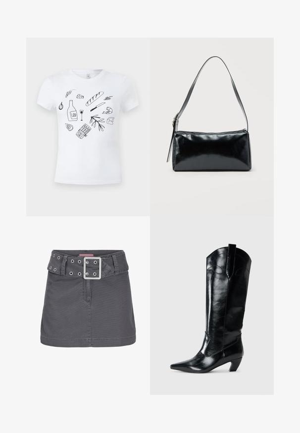 Weißes T-Shirt mit schwarzen Linienzeichnungen von Lebensmitteln, darunter Brot, Käse, Weinflasche und Glas, Garnele, Knoblauch, Oliven und ein Messer.; Grauer Baumwoll-Minirock mit breitem Gürtel, der mit silbernen Ösen und einer quadratischen metallischen Schnalle versehen ist, gestaltet in einer klaren, geraden Silhouette.; Schwarze kniehohe Stiefel aus Leder mit spitzem Zeh, niedrigem Absatz und dekorativen Nähten an den Seiten. Glatte, glänzende Oberfläche.; Schwarze rechteckige Schultertasche mit einem verstellbaren Riemen und einem oberen Reißverschluss vor einfachem Hintergrund.