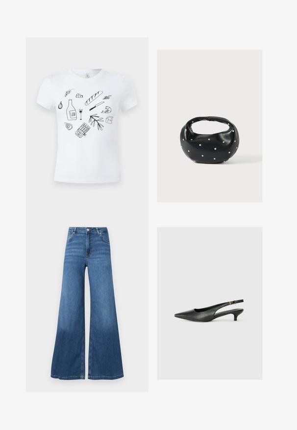Camiseta blanca con dibujos en línea negra de alimentos que incluyen pan, queso, botella y copa de vino, camarones, ajo, aceitunas y un cuchillo.; Vaqueros de pierna ancha azul hechos de denim, con cintura alta, bolsillos frontales y un dobladillo limpio. Sin patrones ni adornos visibles.; Zapato de tacón slingback negro de punta afilada, hecho de cuero suave. Presenta un tacón delgado y un detalle de hebilla en la correa ajustable.; Bolso de mano de cuero negro con forma redondeada, decorado con detalles de tachuelas plateadas y un asa corta. Textura lisa y cierre con cremallera.