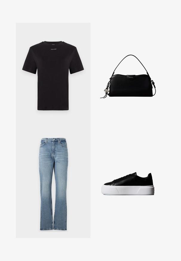 T-shirt noir en coton à manches courtes, col rond, avec un petit logo blanc "Calvin Klein" sur la poitrine. Texture lisse, coupe classique.; Jean en denim bleu clair avec une jambe droite, design à cinq poches, passants de ceinture et fermeture éclair. Le tissu a une texture subtile.; Baskets basses noires avec une épaisse semelle plateforme blanche et des lacets noirs, vue latérale sur fond blanc.; Sac à main rectangulaire noir Calvin Klein avec une seule sangle supérieure, un charm logo argenté et une petite fermeture à rabat sur le devant.