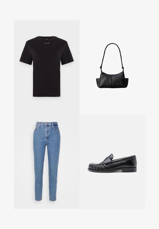 Sort bomulds t-shirt med korte ærmer, rund halsudskæring og lille hvid "Calvin Klein" logo på brystet. Glat tekstur, klassisk pasform.; Blå højtaljede lige jeans med frontknap og lynlås, bæltestropper og lommer, præsenteret på en ensfarvet hvid baggrund.; Sorte læderloafers med rundet tå, karakteristisk syning og en dekorativ rem over vampen. Glat finish og lav hæl.; Sort læder skuldertaske med lang rem, sidelommer og præget Calvin Klein-logo på fronten.