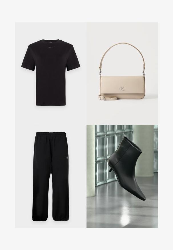 Must musta t-särk lühikeste käistega, ümberringi kaelusega ja väikese valge "Calvin Klein" logo'ga rinnal. Sile tekstuur, klassikaline lõige.; Mustad mustmed püksid elastse vöökoha, lõdva sobivusega jalgadega ja väike logo detail vasakul küljel. Sile kangastekstuuri.; Mustast nahast pahkluu saabas terava varbaotsaga ja madala Kitsuki kontsaga, kuvatud nurga alt läikiva põranda ja klaasplokkseinaga taustal.; Beežist nahast käekott ülemise käepideme ja eemaldatava õlarihmaga, millel on esiküljel hõbedane "cK" logo.