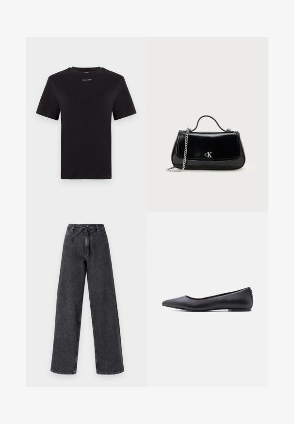 Sort bomulds t-shirt med korte ærmer, rund halsudskæring og lille hvid "Calvin Klein" logo på brystet. Glat tekstur, klassisk pasform.; Højtaljede, brede ben sorte denim jeans med snørelukning. Har en falmet tekstur og subtile syninger.; Sort flad lædersko med spidst tåparti og lav hæl, vist i sideprofil mod en hvid baggrund.; Sort læderhåndtaske med en kædestrop, struktureret form og et sølvlogo. Glat overflade med flaplukning.