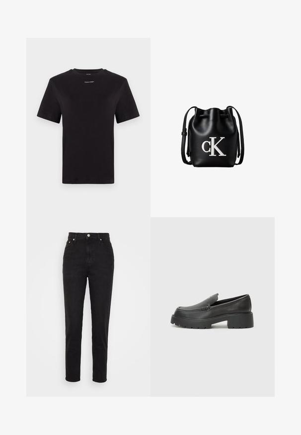 Must musta t-särk lühikeste käistega, ümberringi kaelusega ja väikese valge "Calvin Klein" logo'ga rinnal. Sile tekstuur, klassikaline lõige.; Mustad kõrge vöökohaga kitsad teksad esiseppide, vöökummide ja viie taskuga disainiga valgel taustal.; Mustad nahast loafers ümarate varvastega, paksu tekstuuriga tald ja minimaalsete õmbluse detailidega. Viimistletud disain, kus pole nähtavaid paelu ega riistu.; Mustast nahast bucket-kott lipsuga peal ja valge "cK" logoga esiküljel, millel on reguleeritav õlarihm.