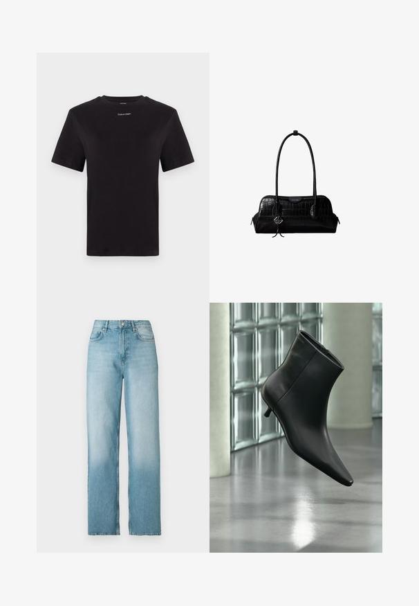 Zwarte katoenen t-shirt met korte mouwen, ronde hals en klein wit "Calvin Klein" logo op de borst. Gladde textuur, klassieke pasvorm.; Lichtblauwe high-waist rechtgesneden spijkerbroek met knoop- en ritssluiting aan de voorkant, voor- en achterzakken, weergegeven tegen een witte achtergrond.; Zwarte leren enkellaars met spits toelopende neus en lage kittenhak, schuin weergegeven tegen een gepolijste vloer en een glazen blokken muur als achtergrond.; Zwarte schoudertas van leer met krokodillenstructuur, lange banden en een klein zilveren logohanger aan één band.