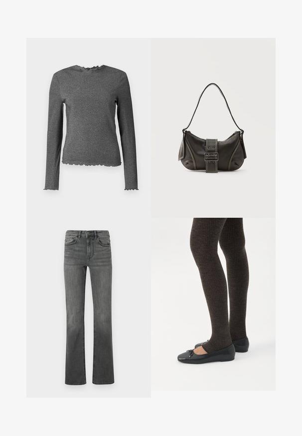 Haut en tricot côtelé à manches longues, gris foncé, avec des bords à motif laitue aux poignets, au col et à l'ourlet.; Jeans évasés en denim gris foncé avec une taille haute, cinq poches et une fermeture à un bouton. Texture lisse avec un léger délavage.; Jambes portant des leggings côtelés foncés associés à des ballerines noires avec de petits détails en nœud sur fond blanc.; Sac à épaule en cuir noir avec une sangle à boucle, des bords arrondis et des coutures blanches contrastées sur un fond uni.