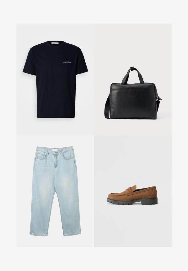 Marineblaues Baumwoll-T-Shirt mit kurzen Ärmeln und Rundhalsausschnitt, mit einem kleinen weißen gestickten Logo auf der linken Brustseite.; Helle blaue Jeans aus Denim mit entspannter Passform, fünf Taschen, einem Knopfverschluss und subtilen Ausbleichungen. Die Textur ist glatt und leicht abgenutzt.; Braune Wildlederslipper mit runder Zehenpartie und einer niedrigen schwarzen Gummisohle, die über einen dekorativen Riemen und Nähte auf dem Obermaterial verfügt.; Schwarze Leder-Reisetasche mit rechteckiger Form, zwei Griffen, abnehmbarem Schulterriemen und minimalen Verzierungen.