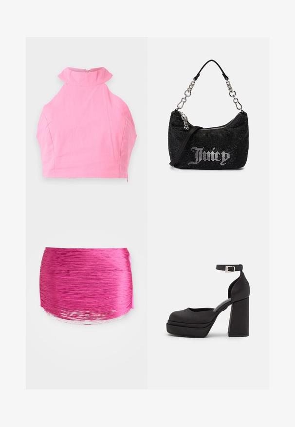 Roze cropped top met een hoge ruches kraag, gladde textuur en een ritssluiting aan de achterkant. Strakke pasvorm en geen extra patronen of accenten.; Roze geplooid stof met horizontale lijnen, afgeronde vorm en contrasterende glanzende rand. Textuur met levendige kleur en gladde afwerking.; Zwarte platform hakken met een ronde neus, matte stof, hoge blokhak, verstelbare enkelband en subtiele stiksels.; Zwarte tas met rhinestone versieringen, een gebogen vorm en een zilveren kettinghandvat. Voorzien van een rits en het "Juicy" logo in het wit.