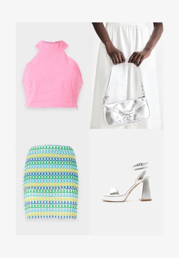 Lyserød cropped top med høj flæsekrave, glat tekstur og lynlås lukning bagpå. Skræddersyet pasform uden yderligere mønstre eller detaljer.; Tekstil mini skirt med horisontale striber i blå, grøn og gul. Designet har et tekstureret, vævet udseende med et lagdelt effekt.; Sølv metallic højhælet sandal med ankelrem, blokhæl og åben tå på en ensartet lys baggrund.; Sølvmetallic håndtaske med snøredetaljer, der har et slankt design og en kort strop. Tasken holdes i hænderne for at fremvise dens tekstur.