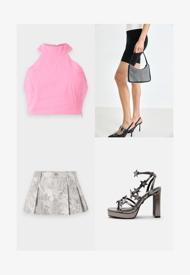 Roze cropped top met een hoge ruches kraag, gladde textuur en een ritssluiting aan de achterkant. Strakke pasvorm en geen extra patronen of accenten.; Grijze denim rok met plooien, voorzien van een subtiel bladerenpatroon in lichtere tinten. Klassieke snit met een tailleband en sluiting met metalen knoop.; Metallic sandalen met hoge hak, plateauzool en meerdere riempjes versierd met stervormige versieringen en een enkelgesp.; Zwarte beaded handtas met een gebogen silhouet, draaghandvat en glanzende textuur. Draagt bij hoge zwarte hakken en strakke zwarte shorts.