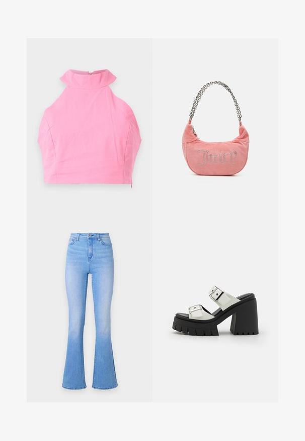 Roze cropped top met een hoge ruches kraag, gladde textuur en een ritssluiting aan de achterkant. Strakke pasvorm en geen extra patronen of accenten.; Lichtblauwe flare jeans met hoge taille, gemaakt van denim. Heeft een gladde textuur en een subtiele vervaging naar de zoom toe. Klassiek ontwerp met vijf zakken.; Chunky hak sandaal met een zwarte rubberen zool, een witte synthetische bovenkant, twee verstelbare zilveren gespen en een dikke plateauzool.; Juicy Couture KIMBERLY SMALL SET - Handtas - pink