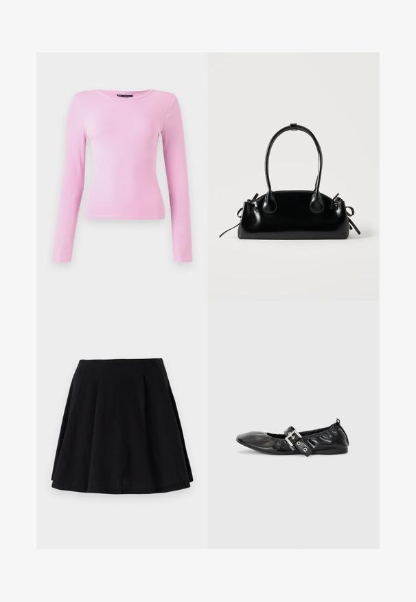 Camiseta de manga larga en tejido de punto de color rosa claro, con cuello redondo y silueta ajustada. Textura suave con costuras mínimas.; Falda de algodón negra con una silueta acampanada, que presenta pliegues en la zona de la cintura y una textura suave. Ideal para un look casual.; Zapato plano de piel negra con puntera afilada, detalle fruncido alrededor de la abertura y un acento de hebilla plateada en la correa ajustable.; Pequeño bolso negro brillante con dos asas largas y detalles de cordón lateral sobre un fondo claro liso.