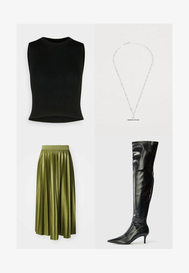 Sort ærmeløs ribbet crop top med rund hals; glat tekstur og tætsiddende design. Ideel til lagdeling eller som enkeltstående beklædning.; Plisseret midi-nederdel i olivengrønt satin, med en bred elastisk talje og en let silhuet med lodrette plisseringer.; Knæhøje sorte læderstøvler med en blank finish, spidse tæer og en slank stilettohælt. Har en tætsiddende top med syningsdetaljer.; Sølv halskæde med aflange kædelinks og en slank stangvedhæng, der har en glat overflade og poleret finish. Justerbar lås.
