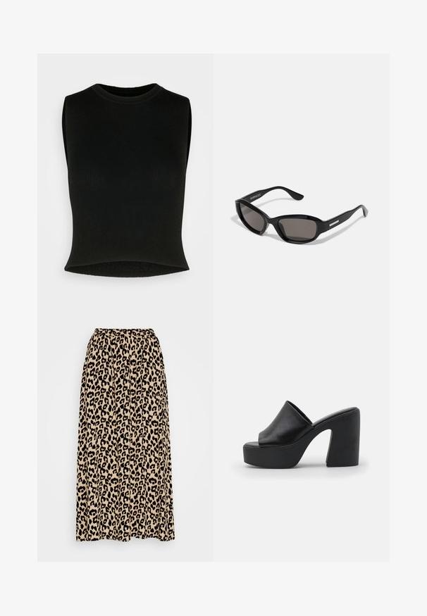 Sort ærmeløs ribbet crop top med rund hals; glat tekstur og tætsiddende design. Ideel til lagdeling eller som enkeltstående beklædning.; Leopartrykt midi-nederdel i beige og sort. Har en elastisk talje og en plisseret design for øget bevægelse og pasform.; Sorte højhælede mules med en glat læderoverdel og en tyk platformssål, der har åben tå og skrå blokhæl design.; Sorte solbriller med rektangulært stel, mørke linser, glat plastmateriale og en metalaccent på templet.