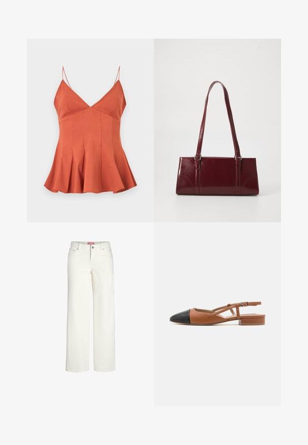 Haut sans manches orange rouille avec fines bretelles spaghetti, encolure en V, buste ajusté et ourlet évasé plissé.; Jean large blanc en denim avec une texture lisse. Comprend cinq poches, une fermeture à bouton et un design taille légèrement haute.; Steve Madden BELINDA - Ballerines à brides arrière - brown/black; Sac à main bordeaux en matériau brillant, de forme rectangulaire, avec deux anses et des accents légèrement courbés à l'avant.