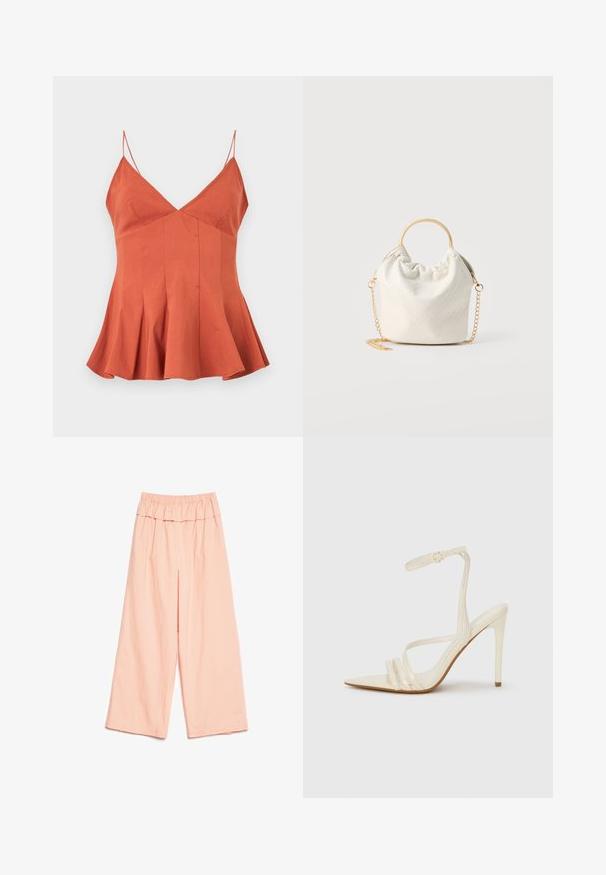 Top sin mangas color naranja óxido con finas tirantes tipo espagueti, escote en V, busto ajustado y dobladillo acampanado y plisado.; Pantalones anchos de color rosa suave con una cómoda cinturilla elástica alta y un corte holgado, exhibidos sobre un fondo blanco.; Sandalias de tacón alto beige con punta estrecha, que cuentan con tres tiras frontales y una tira delgada en el tobillo con hebilla. Textura lisa, diseño minimalista.; Bolso pequeño blanco tejido con asa redonda dorada y correa de cadena dorada, exhibido sobre un fondo neutro.