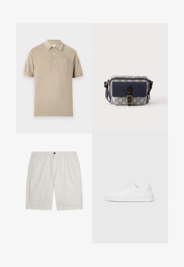 Polo beige à manches courtes avec trois boutons et une poche poitrine, en tissu doux texturé.; Shorts décontractés beige clair avec passants de ceinture, fermeture avant à bouton et fermeture éclair, et poches latérales, posés à plat sur un fond blanc.; Sneaker blanc avec une tige en cuir lisse, bout rond, lacets, accents latéraux texturés et une épaisse semelle en caoutchouc. Design minimaliste.; Petit sac bandoulière rectangulaire bleu et blanc à motif, avec poche avant bleu marine, sangle en cuir noir avec boucle et bandoulière réglable.