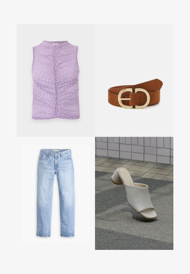 Mouwloze lavendel top met gerimpeld midden en een gestructureerd bloemmotief, met een hoge halslijn en een aansluitend silhouet.; Lichtblauwe denim jeans met een rechte pijp, vijf zakken en een middelhoge taille. Heeft een vervaagde textuur en een gestikte zoom.; Enkele witte open teen mule met blokhak op geplaveide grond nabij betegelde muur, schuin geplaatst om zij- en bovenaanzichten te tonen.; Bruine suède riem met een brede, dubbele gouden gesp; gladde textuur met strakke lijnen en een taps toelopend uiteinde.