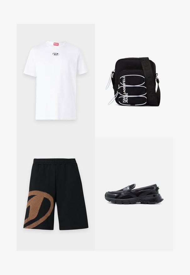 T-shirt en coton blanc à manches courtes, avec un col rond et un écusson en argent du logo Diesel sur la poitrine. Design simple, couleur unie.; Shorts taille élastique noire avec grand motif abstrait marron sur la jambe gauche et poches latérales.; Baskets noires à enfiler avec semelle épaisse texturée et panneaux en maille, conçues pour un usage décontracté et sportif.; Sac bandoulière noir avec boucles élastiques blanches, tirettes de fermeture éclair, et texte blanc "KARL LAGERFELD JEANS" sur la poche avant.