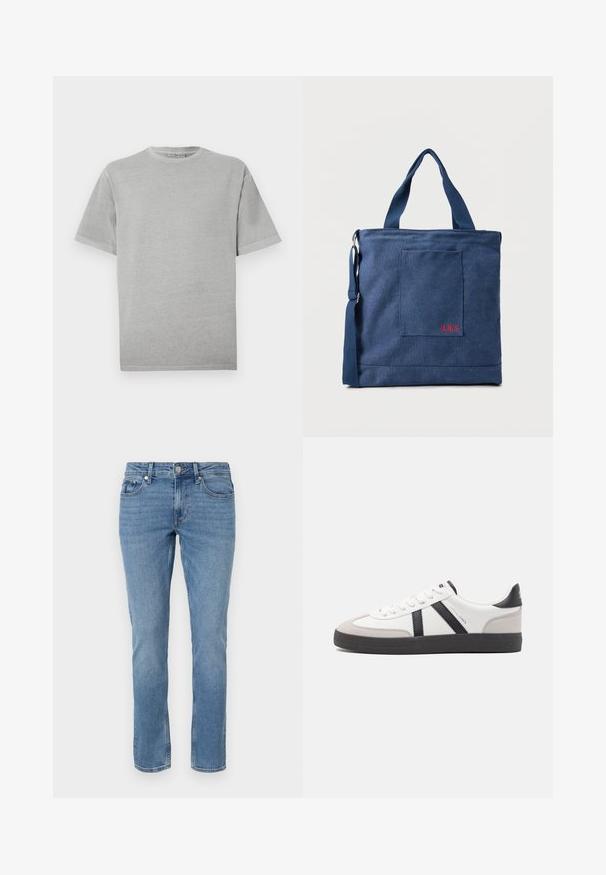 Effen lichtgrijs T-shirt met korte mouwen en ronde hals, rechte zoom, weergegeven tegen een witte achtergrond.; Blauwe rechte spijkerbroek met voorzakken, riemlussen en een knopen sluiting.; Witte sneaker met zwarte en grijze accenten, voorzien van een grijze neus met textuur, zwarte rubberen zool en platte witte veters. Schoon ontwerp, minimalistische stijl.; Blauwe canvas tas met voorvak en rode "O.N.S" borduring, voorzien van dubbele handvatten en een verstelbare schouderriem.