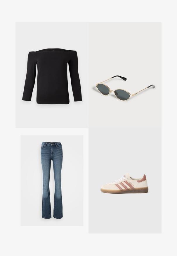 Čierny top s dlhými rukávmi so spadnutými ramenami vyrobený z hladkej, elastickej látky. Má široký výstrih a priliehavý strih.; Bootcut džiny vyrobené z modrého denim. Majú stredne vysoký pás, päť vreciek, jemné prešitie a mierne vybledlý vzhľad na nohách.; Béžová semišová teniska s ružovými akcentmi, tromi ružovými pruhmi, bielymi šnúrkami a priehľadnou gumovou podrážkou. Na boku je značka "Spezial".; Oválne slnečné okuliare s čiernymi sklami, tenkými zlatými kovovými rámami a čiernymi koncovkami, umiestnené na bielej ploche.