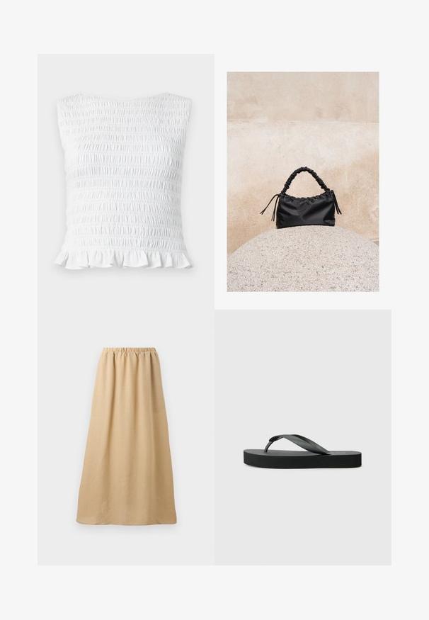 Hvid ærmeløs top med smockdetalje og elastisk, rynket tekstur samt flæsekant, designet til en tætsiddende og strækbar pasform.; Beige lang nederdel med elastisk talje, lavet af let tekstureret stof, vist mod en ensfarvet hvid baggrund.; Sort flip-flop med flad gummisål og tyndt remdesign. Den øverste rem er let buet, hvilket giver et minimalistisk udseende.; Sort håndtaske med rynkede detaljer og et samlet håndtag, hvilende på en tekstureret stensfære mod en beige betonvæg.