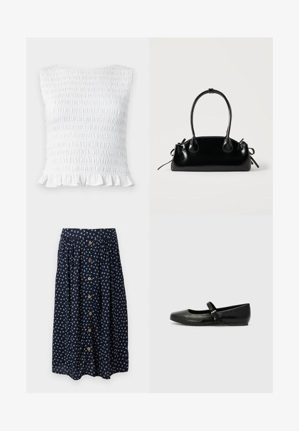Haut blanc sans manches à smocks avec texture élastique froncée et ourlet à volants, conçu pour une silhouette ajustée et extensible.; Jupe midi bleu marine avec petit imprimé floral blanc, boutons en bois à l'avant et taille froncée pour une coupe fluide.; Ballerines en cuir noir avec un bout arrondi, une semelle plate et une fine sangle ajustable sur le cou-de-pied avec une boucle en métal.; Petit sac à main noir brillant avec deux longues anses et des détails à cordon sur les côtés sur un fond clair uni.
