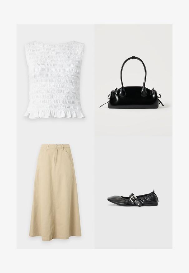 Haut blanc sans manches à smocks avec texture élastique froncée et ourlet à volants, conçu pour une silhouette ajustée et extensible.; Jupe beige taille haute en forme trapèze avec passants de ceinture, bouton frontal, fermeture éclair et poches latérales, en tissu résistant.; Chaussure plate en cuir noir avec un nez pointu, des détails froncés autour de l'ouverture et un accent en boucle argentée sur la bride ajustable.; Petit sac à main noir brillant avec deux longues anses et des détails à cordon sur les côtés sur un fond clair uni.