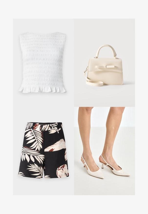Hvid ærmeløs top med smockdetalje og elastisk, rynket tekstur samt flæsekant, designet til en tætsiddende og strækbar pasform.; Sorte shorts med et tropisk bladmønster i beige og rustfarvede nuancer. Har et matchende bælte med guldfarvet hardware og en klassisk pasform.; Beige patenterede læder slingback hæle med spids tå og 5 cm hæl, med udskårne sider og en tynd ankelrem.; Lille beige håndtaske med top-håndtag, aftagelig rem, forreste klap og dekorativ vandret sløjfe på en ensfarvet baggrund.