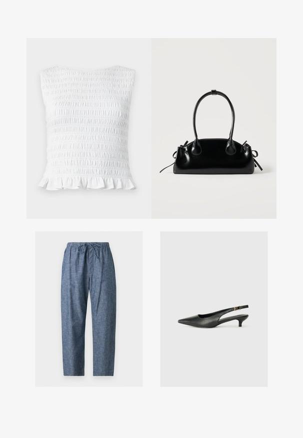 Haut blanc sans manches à smocks avec texture élastique froncée et ourlet à volants, conçu pour une silhouette ajustée et extensible.; Pantalon décontracté en chambray bleu avec taille élastique et cordon de serrage, coupe droite, présenté sur un fond uni.; Chaussure slingback noire à bout pointu en cuir lisse. Présente un talon fin et un détail de boucle sur la sangle réglable.; Petit sac à main noir brillant avec deux longues anses et des détails à cordon sur les côtés sur un fond clair uni.