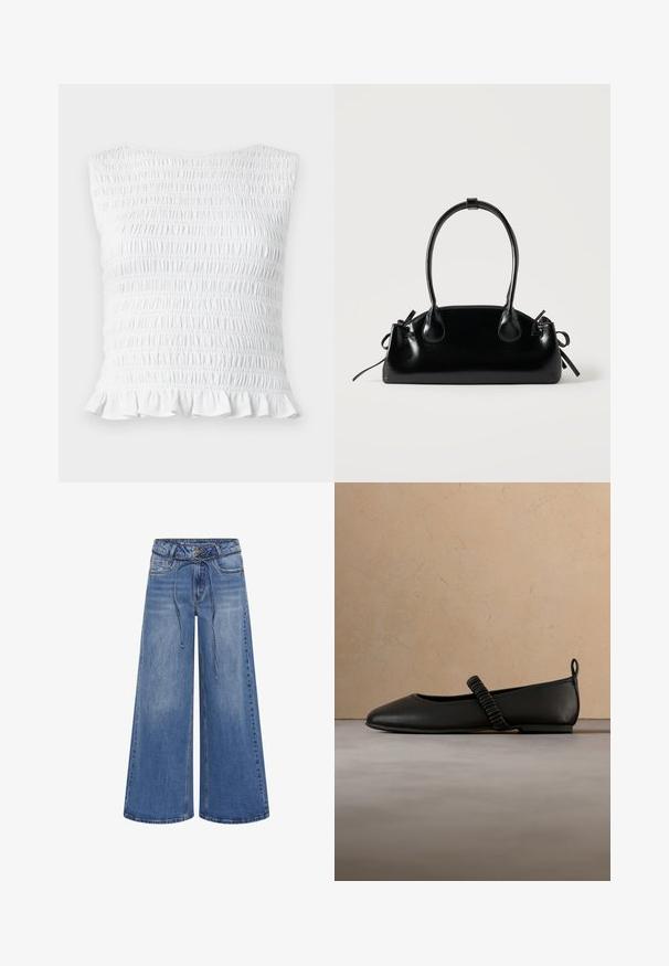 Hvid ærmeløs top med smockdetalje og elastisk, rynket tekstur samt flæsekant, designet til en tætsiddende og strækbar pasform.; My Essential Wardrobe MWKARO 144 MID XWIDE - Wide leg - medium blue wash; Sort flad sko med elastisk, rynket rem over toppen, vist over en tekstureret beige tæppe og en lys beige sofa i baggrunden.; Lille sort blank håndtaske med to lange håndtag og snøre-detaljer i siden på en ensfarvet lys baggrund.