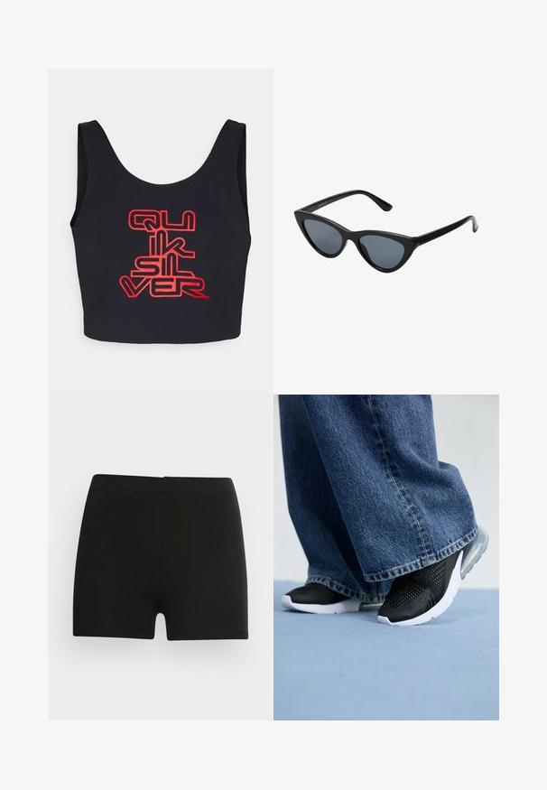 Quiksilver STRANGER THINGS UPSIDE DOWN SCOOP SINGLET - Topp - black; Mustast puuvillast lühikesed püksid, millel on sobiv disain ja elastne vöökoht. Sile tekstuur, reie keskosa pikkus ja ilma nähtavate mustrite või aktsentideta.; Musthave mustad spordijalatsid, millel on võrgusilma detailid, valge tald ja nähtav õhupadi, koos siniste teksadega, millel on laiad säärted.; Mustad musta kassi silmadega päikeseprillid tumedate hallide läätsedega, stiilne plastraam, teravad nurgad ja sirged kaared. Nähtavad metallist osad või aksessuaarid puuduvad.
