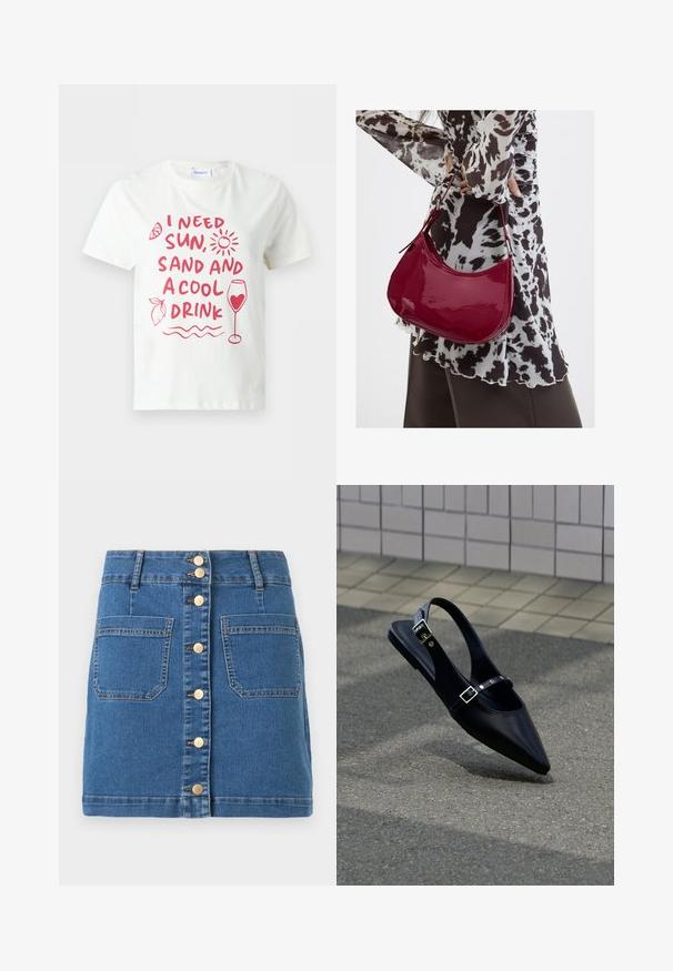 T-shirt blanc manches courtes avec texte rouge « J'ai besoin de soleil, de sable et d'une boisson fraîche » et illustrations de soleil, citron, vagues et un verre de vin avec un cœur.; Mini-jupe en denim bleu avec fermeture à boutons sur le devant et deux grandes poches plaquées, dotée de passants de ceinture et de coutures contrastantes.; Mocassin noir à bout pointu et bride arrière, avec double boucle, posé sur un asphalt gris près d'un mur carrelé en arrière-plan.; Femme portant un chemisier à motif noir et blanc tenant un sac à main rouge brillant sur un fond uni.